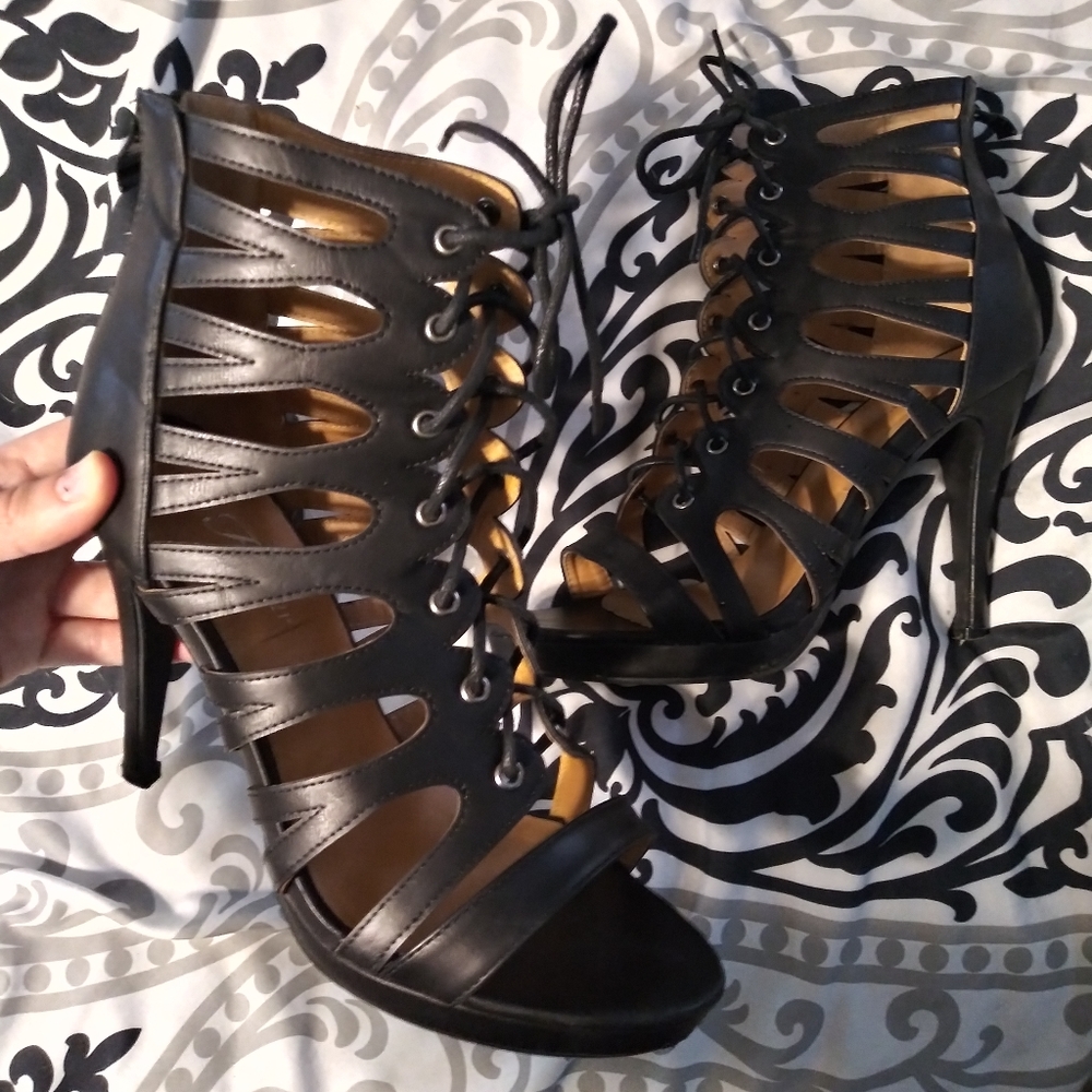 Black Lace Up Heels - Picture 2 of 8